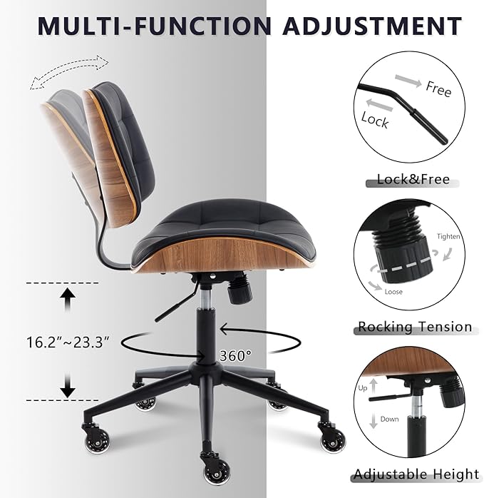Home Office Desk Chair with Wheels, Adjustable Height Armless Office Chair