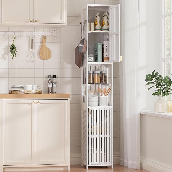 Amazer White Bathroom Storage Cabinet 70'', Bamboo Slim Storage Cabinet