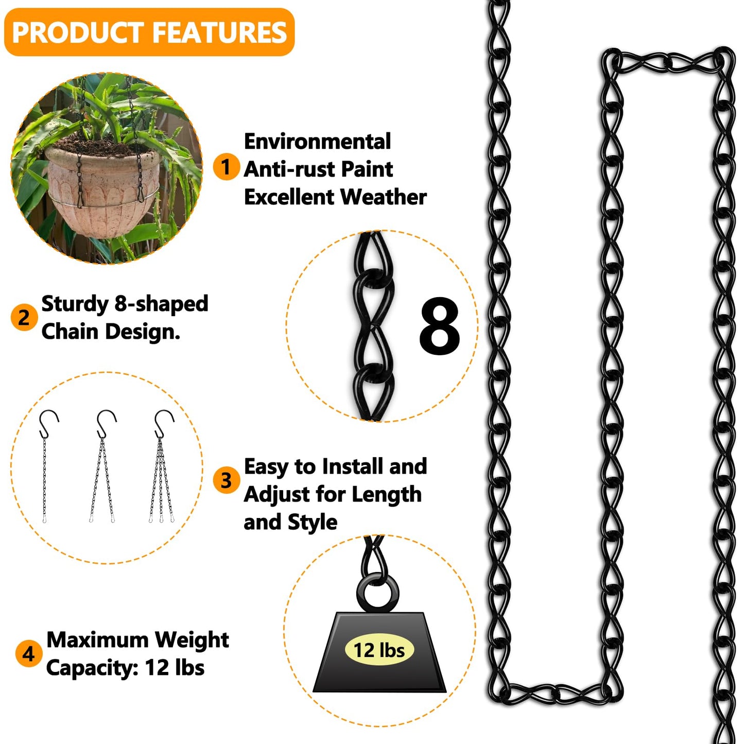 Tsocent Metal Hanging Chain, 236 Inch Black Chains for Plants, 12×S Hooks, 12×Buckles, 12×Rings, 24×Screw Hooks for Bird Feeder, Planter, Wind Chimes (Black)