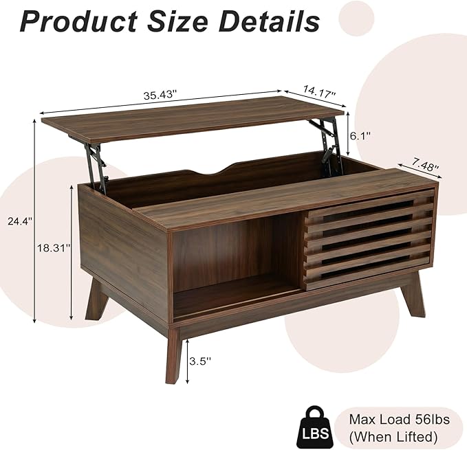 Lift Top Coffee Table with Storage 35 in, Mid Century Modern Living Room Table