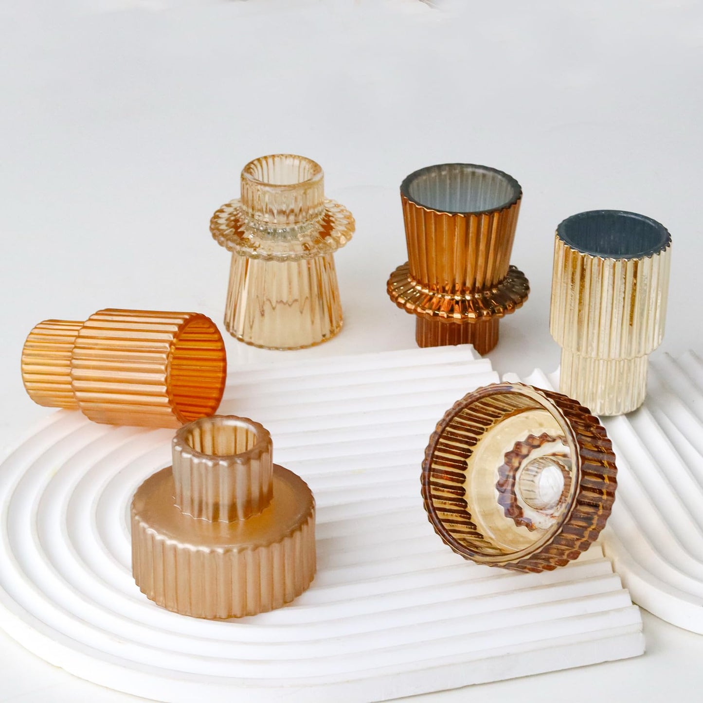 SYFURNIX Gold Candlestick Holders 12PCS Ribbed Glass Taper Candle Holders Set for Tealight Candlestick Candles, Table Centerpieces for Thanksgiving Christmas Farmhouse Decor Indoor and Outdoor