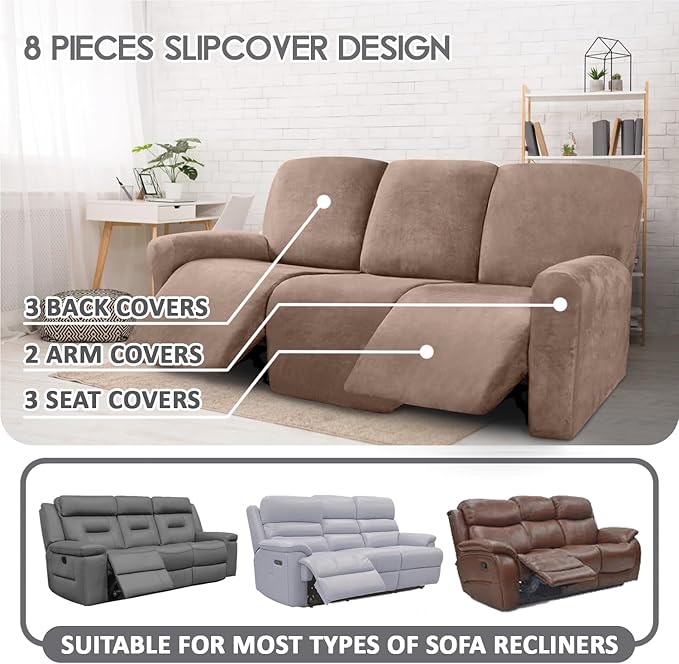 ULTICOR Velvet 8-Pieces Recliner Sofa Covers Stretch Reclining Couch Covers