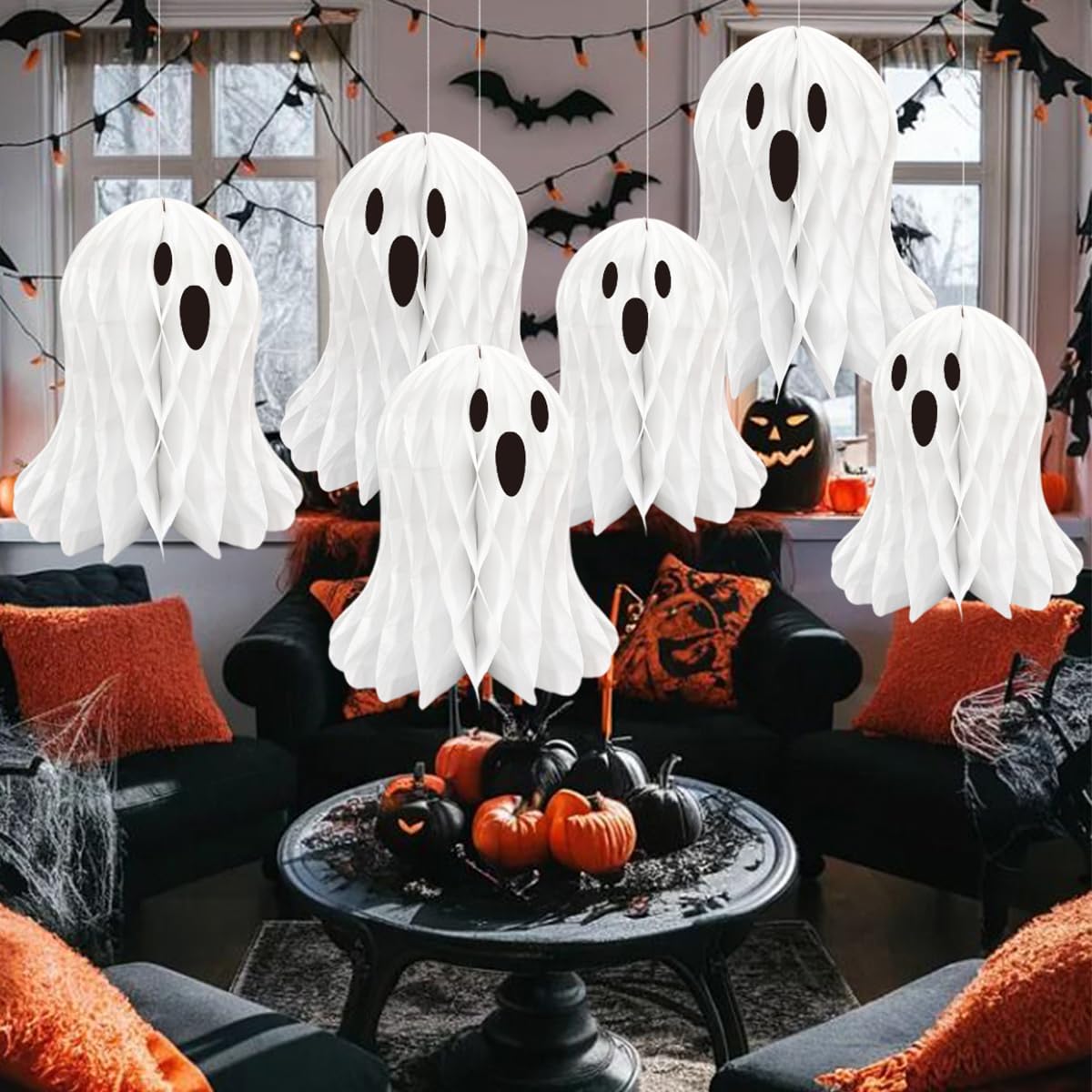 LUANTIANPAI Halloween Ghost Honeycomb Hanging Decorations 6 Pcs White Table Centerpiece Paper Hanging Ornaments Halloween Party Window Spooky Haunted House Desk Decor