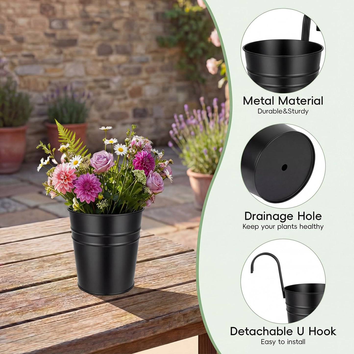HowRU Hanging Flower Pots, Railing Planter Box for Outdoor Plants 12 Pack 5 Inch Metal Hanging Planters with Detachable Hooks Balcony Window Fence Garden Decoration Flower Boxes (Black)