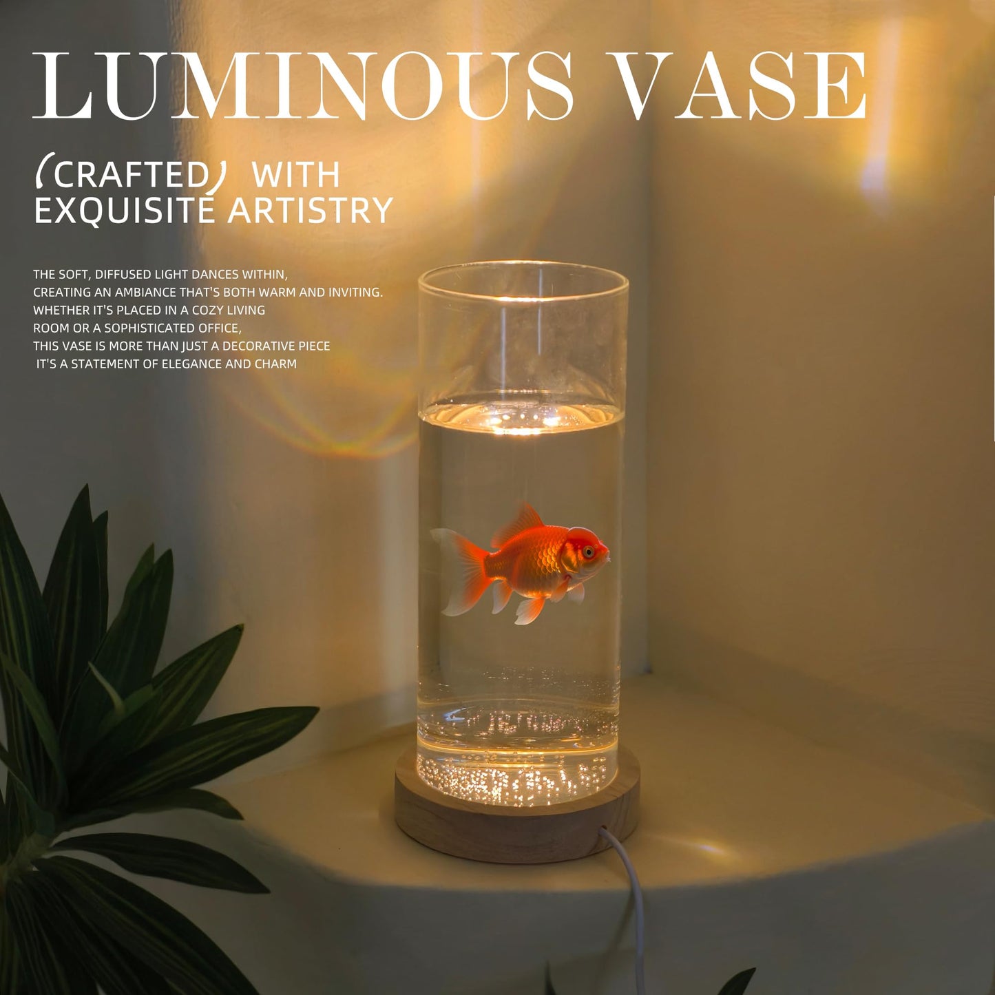 Glass Cylinder Vase with LED Wooden Base - 7.9 Inch Clear Glass Flower Bud Vase Pampas Grass, Light Up Terrarium for Plants, Fish Bowl Centerpiece, Home Decor Gift for Women Mom - Warm Light