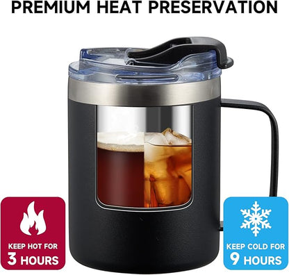12oz Insulated Coffee Mug Cup with Handle, Stainless Steel Travel Coffee Mug with Flip Lid, Double Wall Vacuum Coffee Tumbler, Red