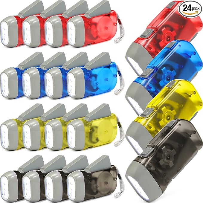 Mudder 24 Pack Hand Crank Flashlight No Battery Emergency Flashlight, Self Powered Portable Light Dynamo Torch for Survival Kit Outdoor Hiking Emergency(Yellow, Red, Grey, Blue)
