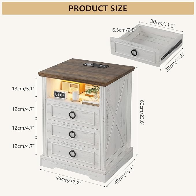 Nightstand Set 2 with Charging Station, Farmhouse End Side Table with 3 Drawers