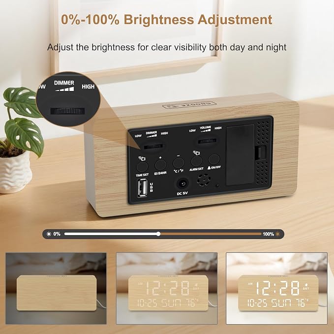 DreamSky Wooden Digital Alarm Clocks for Bedrooms with Date & Day of Week | Living Room Desk Clock, Temperature, USB Port, Dimmer Wheel, Adjustable Volume, Auto DST, Office Wood Decor (Plug-in)