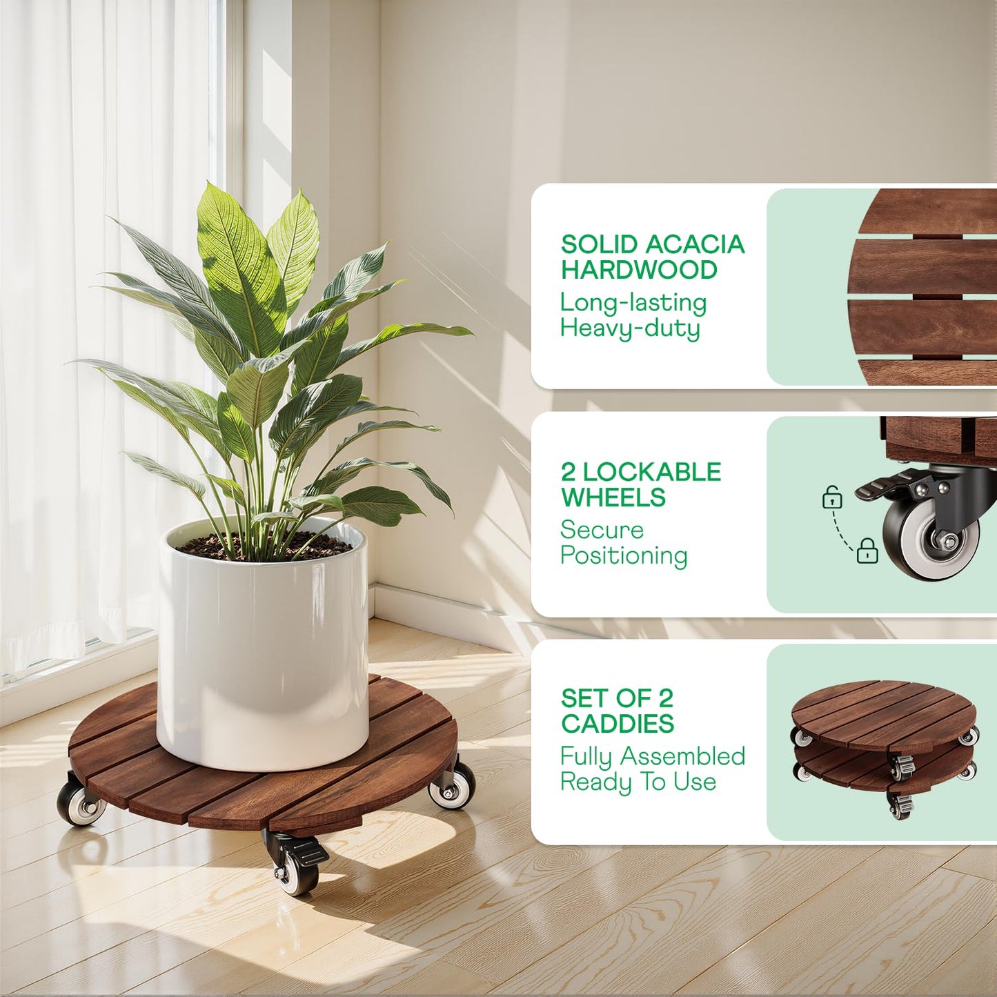 2pack Wood Plant Caddy With Wheels Heavy Duty Red Brown, 264 Lbs Capacity, 12 Inch Acacia Hardwood Plant Roller, Plant Stand with 360° Lockable Wheels, Plant Caster for Heavy Objects Hauling