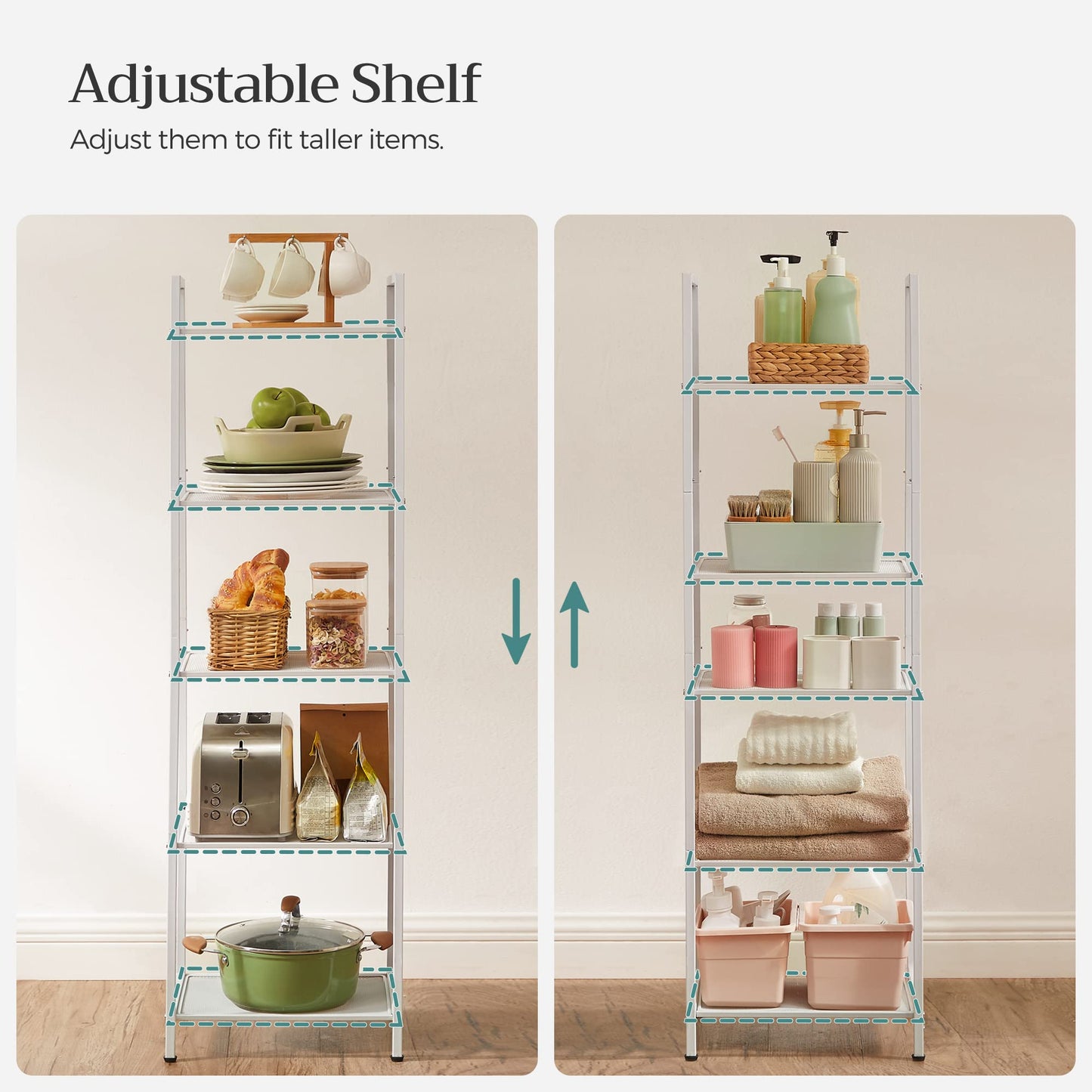 SONGMICS 5-Tier Storage Rack, Bathroom Shelf, Extendable Plant Stand with Adjustable Shelf, for Bathroom, Living Room, Balcony, Kitchen, White UBSC035W01