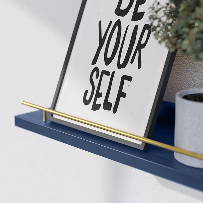 WOPITUES Floating Shelves with Gold Metal Guardrail, Shelves