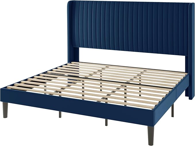 Allewie King Size Velvet Bed Frame/Vertical Channel Tufted Wingback
