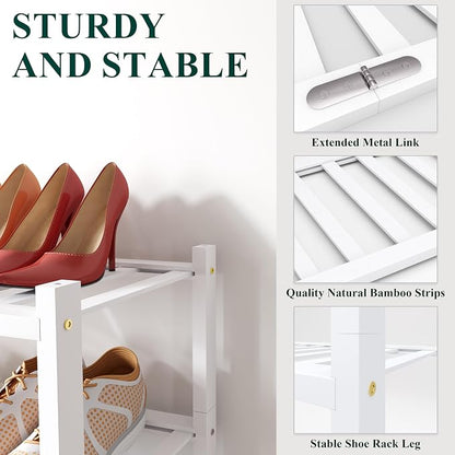 Smiry Bamboo Shoe Rack, 4 Tier Free Standing Wooden Shoe Organizer, Stackable Wood Shoe Storage Shelf for Closet, Entryway, 12 Vertical Slats, 2+2 Stack Standard Legs, 26.8"x11"x26", White