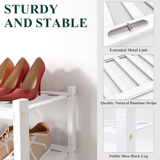 Smiry Long Bamboo Shoe Rack, 5 Tier Free Standing Wooden Shoe Organizer, Stackable Wood Shoe Storage Shelf for Closet, Entryway, 12 Vertical Slats, 2+2+1 Stack Standard Legs, 33.7"x11"x32.5", White