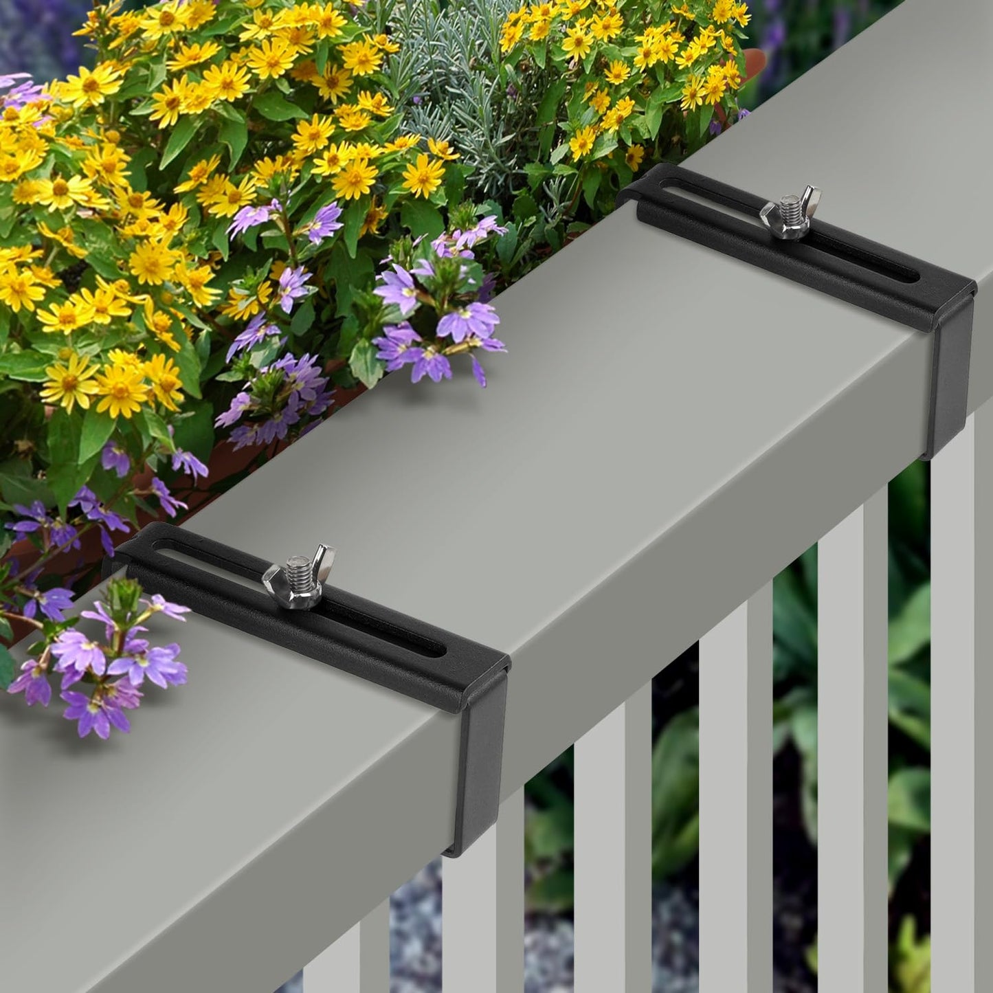 Vinazone Adjustable Planter Box Bracket, Black, 1 Pair - Hanging, Metal Alloy Steel Iron, Compact, No Drill, Fits 5-8.3 Inch Width, Suitable for Railings, Windows, Balconies, Fences