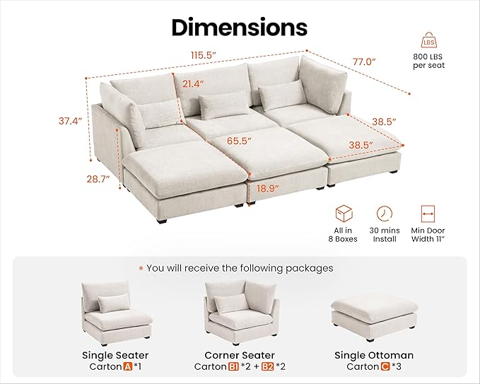 115" Oversized Chenille Couch Modular Sectional Sofa, Washable Cloud Couch