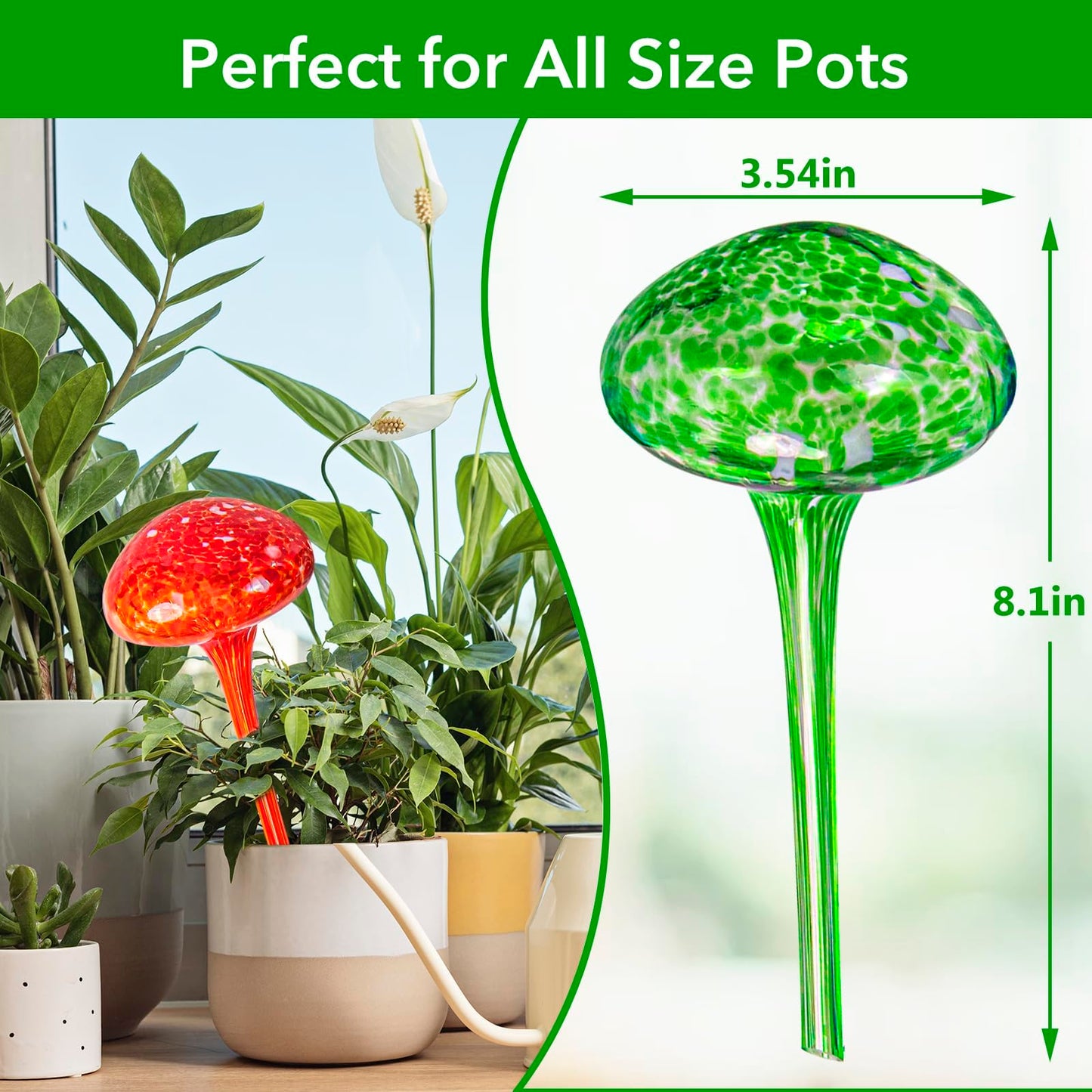 Plant Watering Globes 8"L x 3.5"D, 4Pcs Large Self Watering Planter Insert Glass Plant Watering Devices for Indoor Outdoor Plants, Mushroom Automatic Plant Waterer Watering Spikes Bulbs+Funnel &Shovel