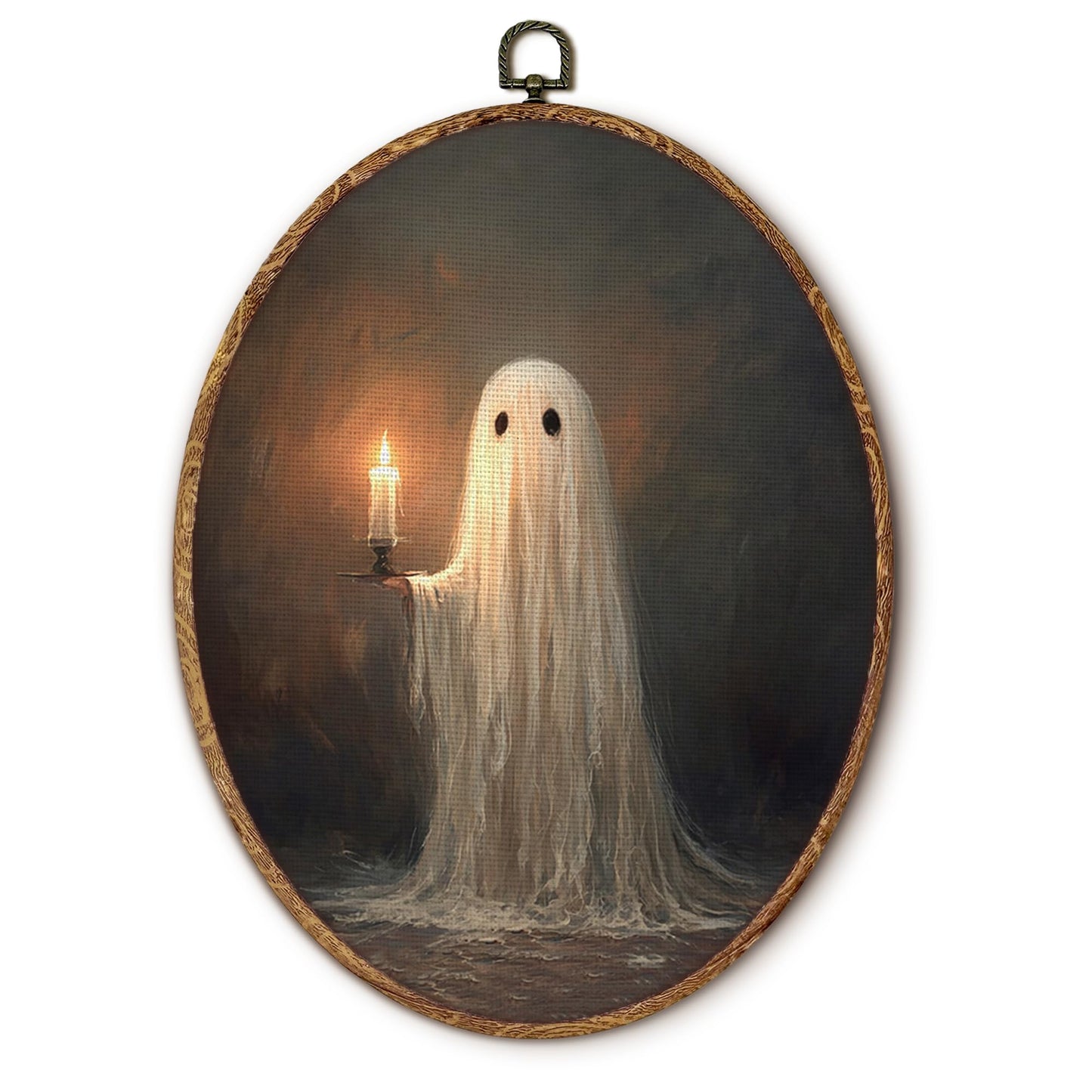 Tzhim Cute Ghost Holding Candle Canvas Wall Art, Spooky Halloween Ghost Oval Wall Art Decor, Dark Academia Room Decor, Gothic Victorian Framed Hanging Decorations for Home Bedroom, 8.5x11.5in
