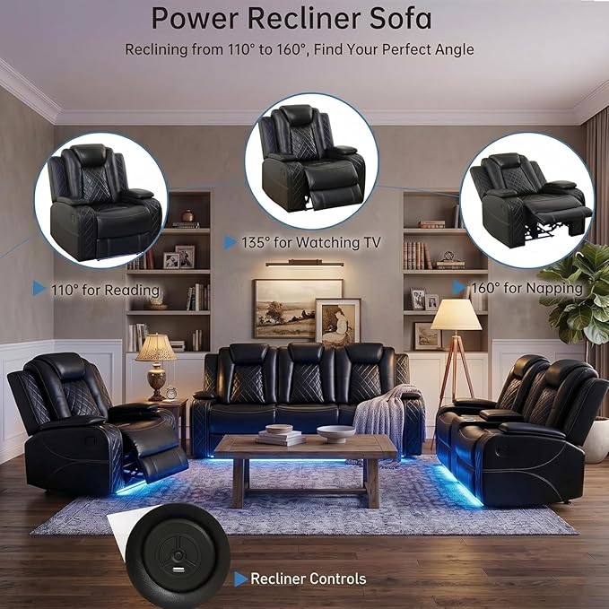 2 Piece Power Recliner Sofa Set -2 Loveseats, Electric Reclining Living Room