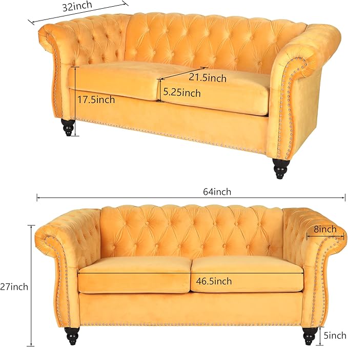 ORRD 2 Piece Living Room Set, Velvet Chesterfield Sofa Loveseat Couch