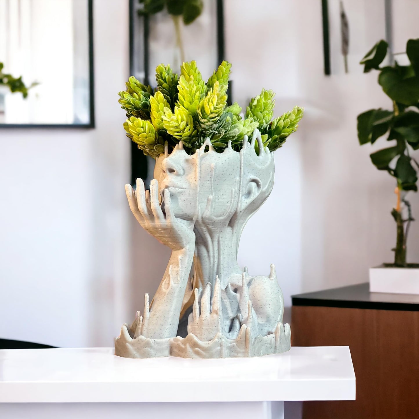 Woman Head Planter face Flower Pot Melted Sculpture Art Girl Succulent Plant Lover/with-Drainage Hole houseplants and drip Tray Included [Marble Stone Color]