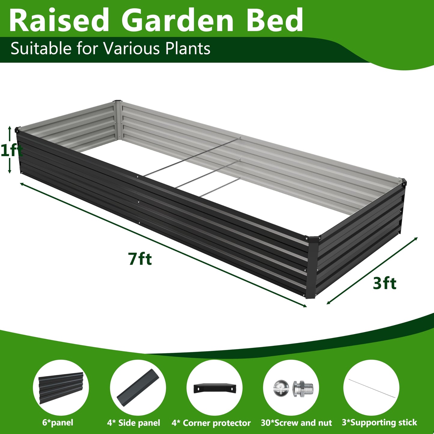 Easllre 2PCS 7x3x1ft Galvanized Raised Garden Bed,Outdoor Planter Box Metal Patio Kit Planting Bed for Vegetables Flowers Herb,Black