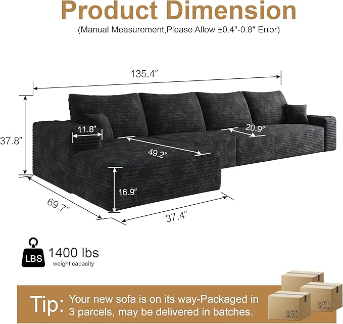 136" Sectional Couches for Living Room Cloud Couch Sofa