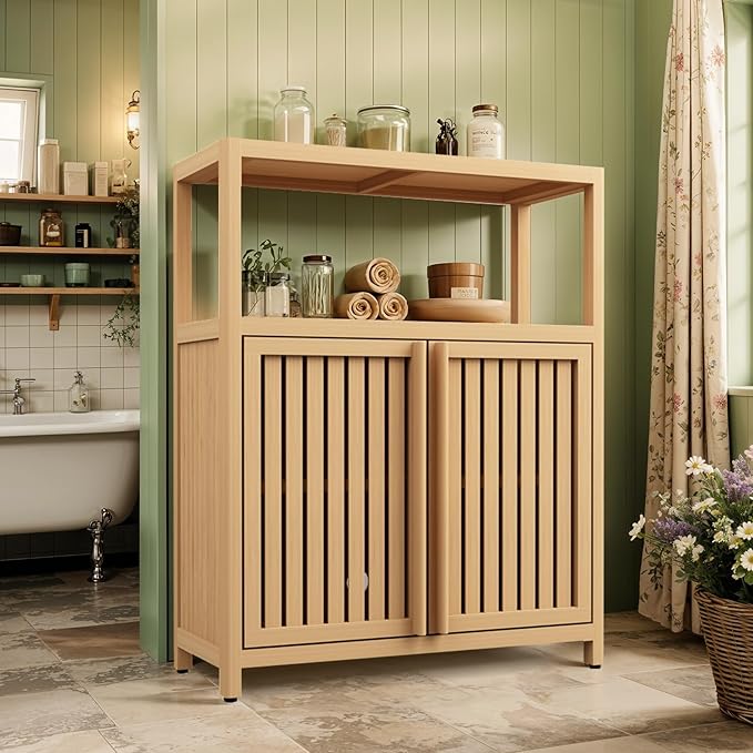 Bamboo Storage Cabinet Bathroom Floor Cabinet Side Storage Organizer Cabinet