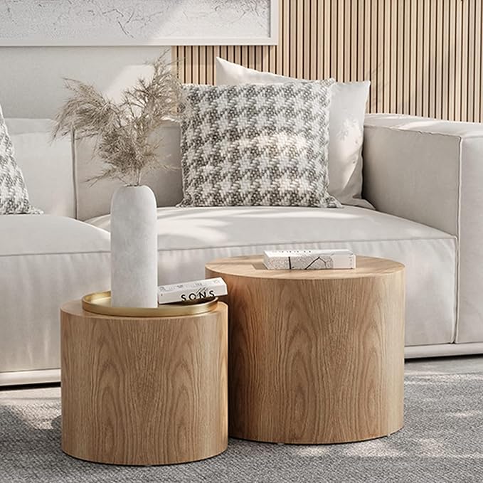Small Round Coffee Table Nesting End Table Set of 2, Wood Side Circle Accent