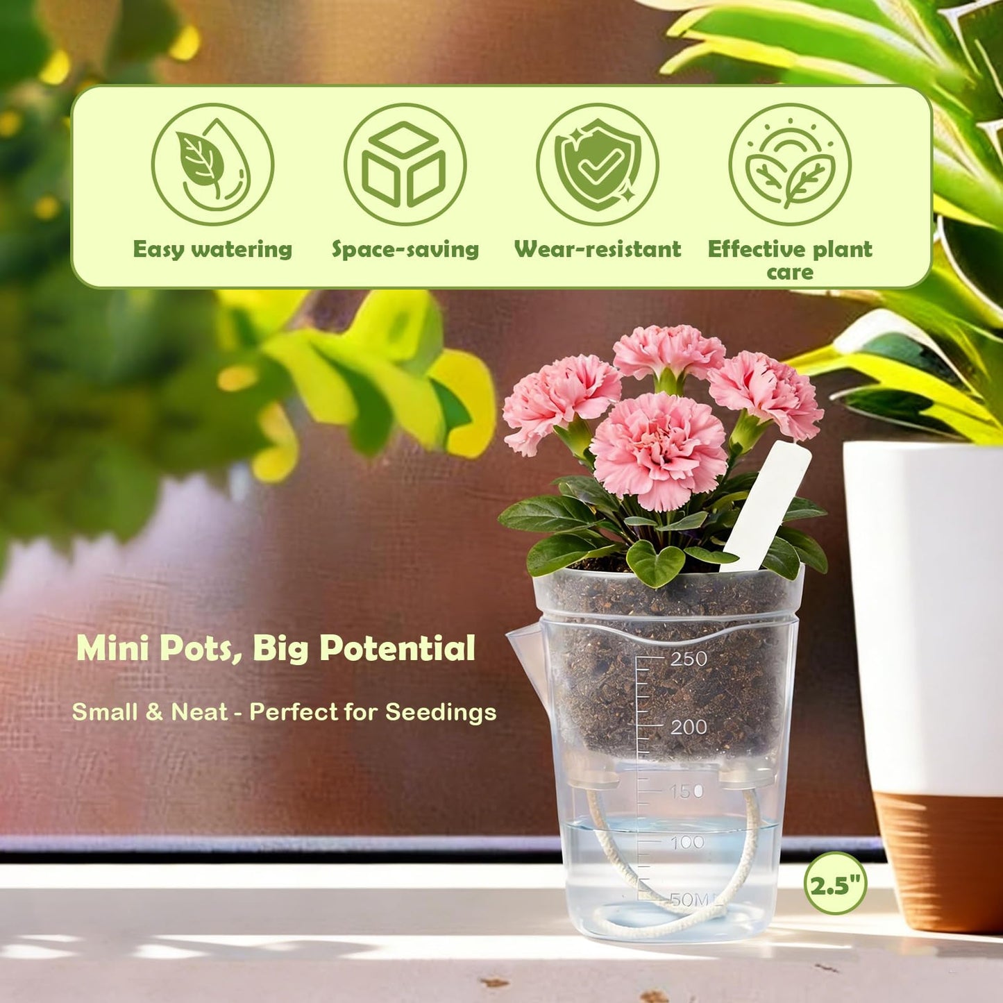 Shgxjjnb 16 Pack 2.5" Clear Self Watering Pots for Indoor Plants, Mini Clear Plastic Planters, with 16 Plant Label and Water Level and Drainage Holes for Seedlings, Cuttings, Succulents (Large)
