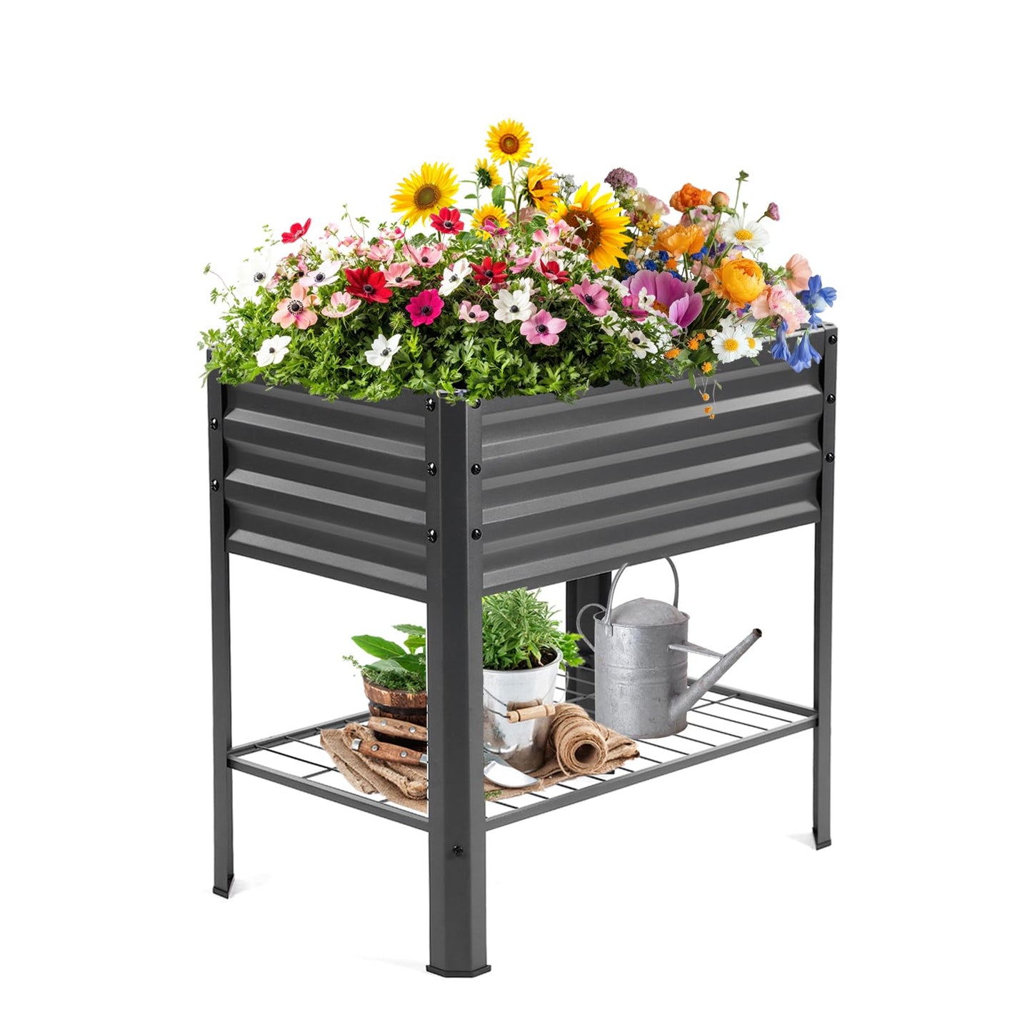 Veezyo Raised Garden Bed with Legs and Shelf, 2pcs 32"x20"x31.5" Powder Coated Elevated Metal Planter with Legs for Outdoor Vegetables, Standing Raised Beds for Balcony, Patio, Lawn and Backyard