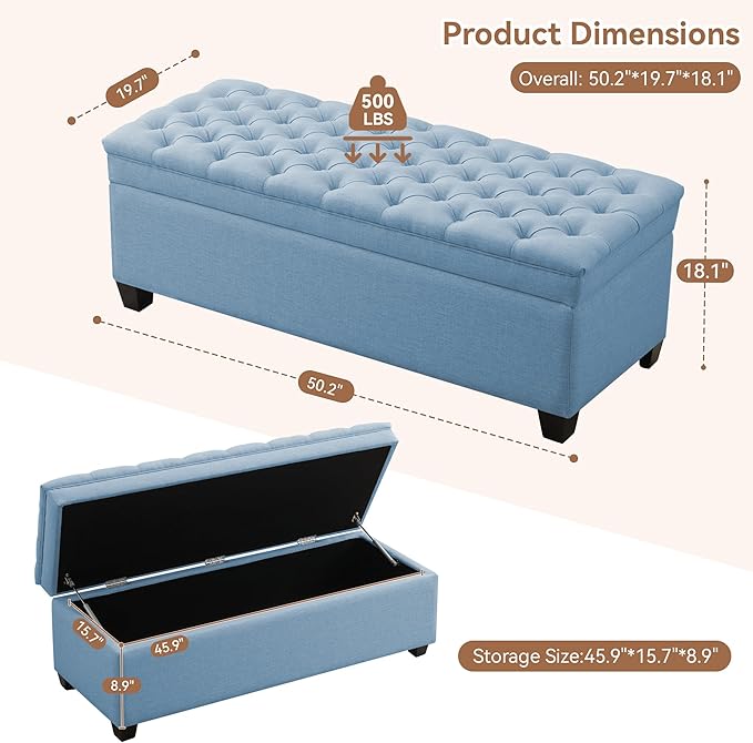 WUTUTUEE 51" Fabric Storage Ottoman Bench, Upholstered Rectangle End of Bed