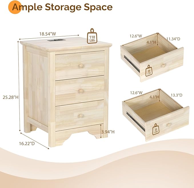 Bonnlo Unfinished Rubber Wood Night Stand Set 2
