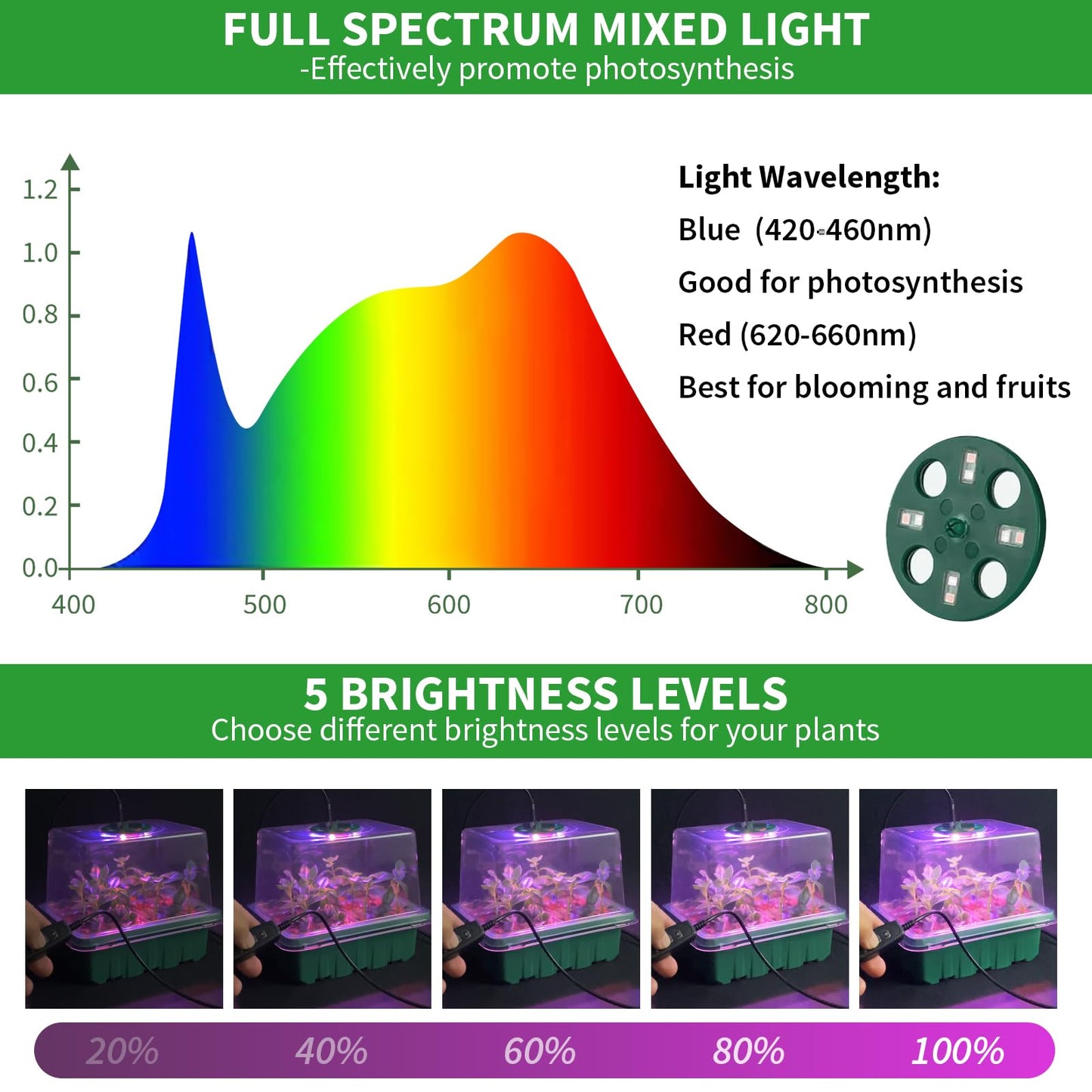 Qoolife Seed Starter Tray with Plant Light, 4 Pack Grow Lights for Seed Starting Kit with Humidity Domes, Timing Controller Adjustable Brightness for Greenhouse Propagator Station Planting Growing