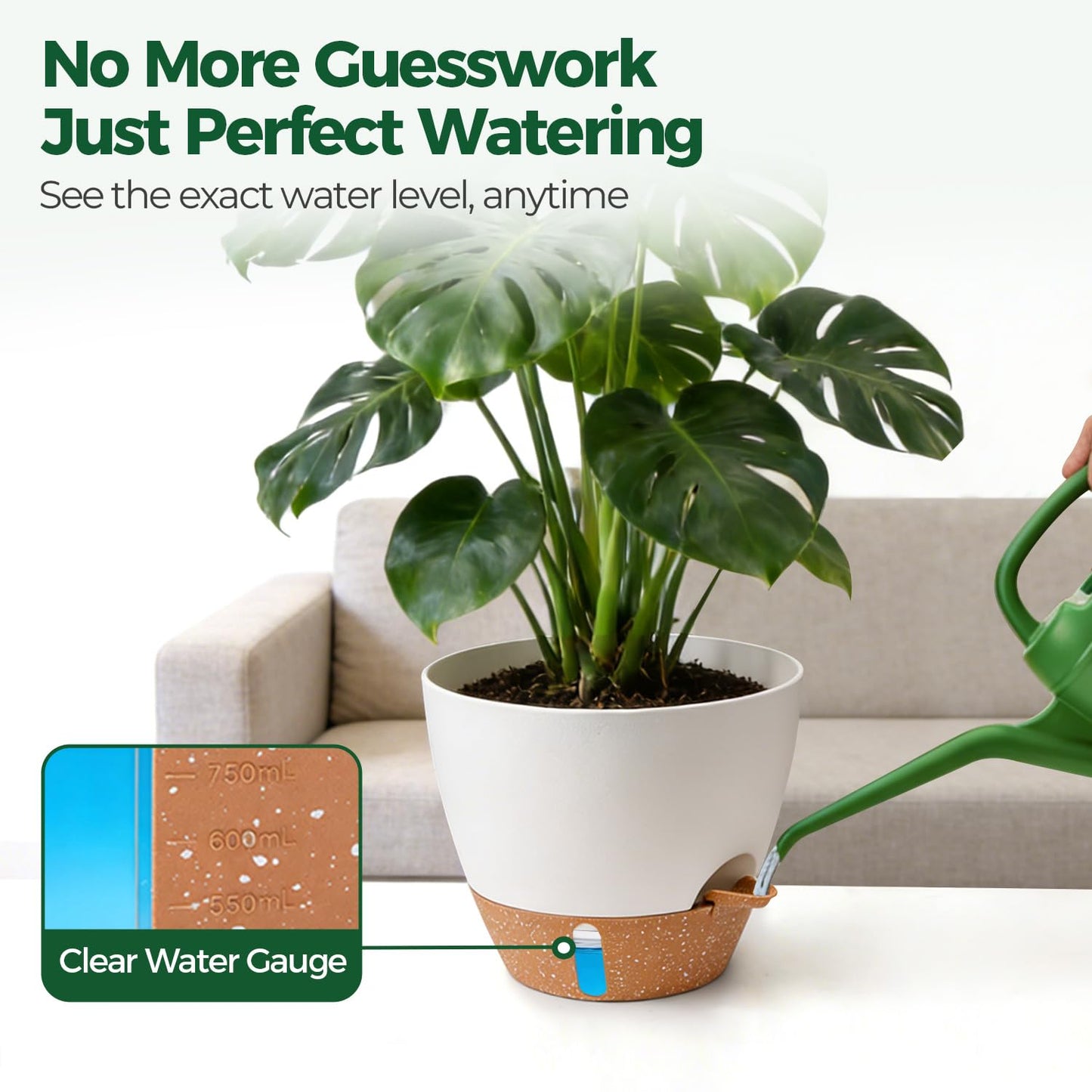T4U 12 Inch Self Watering Pot - Water Level Indicator & Deep Reservoir, Mess-Free Planter for Busy People, Beginners & Gardeners, Fits Rubber Tree/Fiddle Leaf Fig Plants, Indoor Outdoor Use (White)