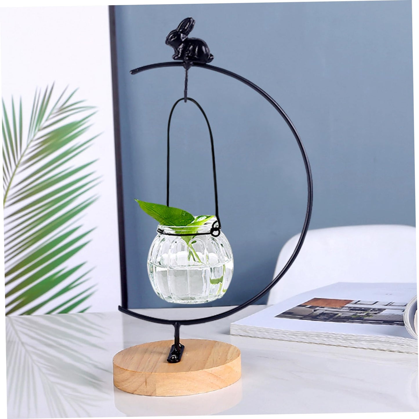 Bemonew Ornament Display Stand, Iron Hanger Air Plant Holder with Wood Base Terrariums Hanging Plant Stand Pot Hook Decoration Rack for Glass Globe Air Flower Pot, Style 2