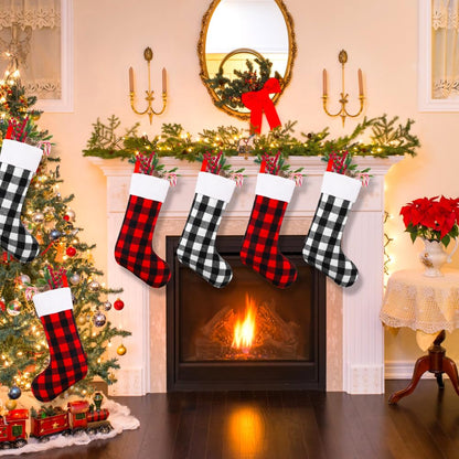 YUJUN 6 Pack 22 Inches Christmas Stockings, Xmas Large Black Red Buffalo Plaid Hanging Stockings Decorations for Christmas Tree Fireplace Family Holiday Party Decor (Red&White)