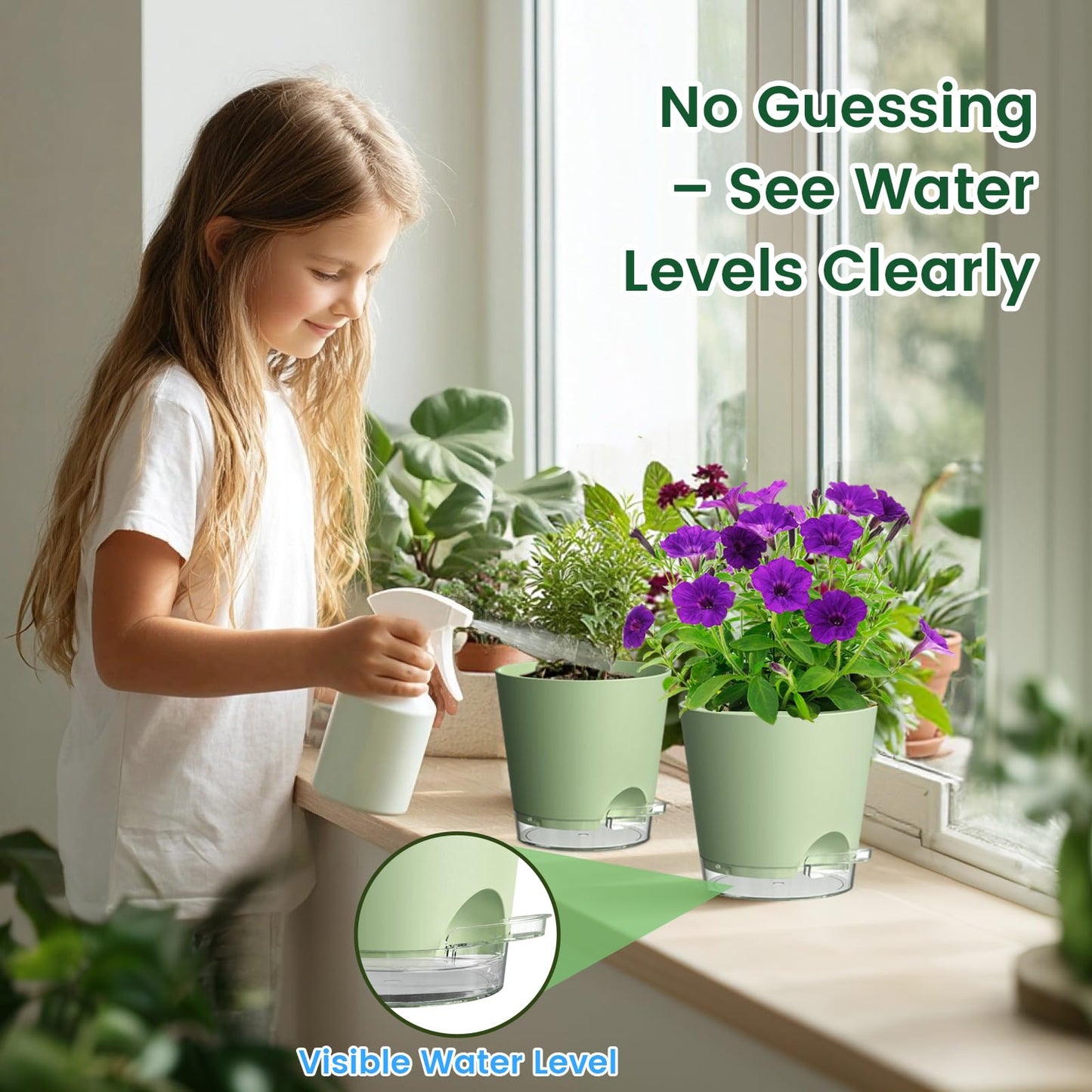 Meowell 8 inch Self Watering Pots for Indoor Outdoor Plants, 2 Pack Flower Plant Pots with Drainage Holes & Clear Reservoir for Visible Water Level, Plastic Wicking Planters for House Plants, Green