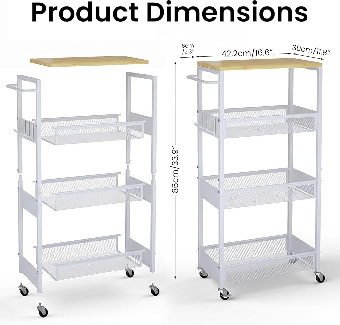 Rolling Utility Cart, 4 Tier 11.8" Wide Metal Storage Cart with Handle and Wood Top, Multifunctional Mobile Shelf Unit Organizer Trolley for Laundry, Bathroom, Kitchen
