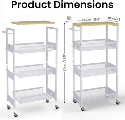 Rolling Utility Cart, 4 Tier 11.8" Wide Metal Storage Cart with Handle and Wood Top, Multifunctional Mobile Shelf Unit Organizer Trolley for Laundry, Bathroom, Kitchen