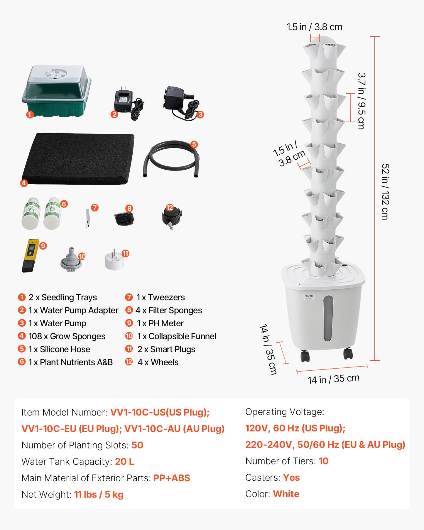 VEVOR Hydroponic Tower, 50 Pods 10 Tiers Hydroponics Growing System Kit with App Control & Casters, Vertical Home Garden with 20L Water Tank & Pump, Planter for Indoor Herbs, Fruits and Vegetables
