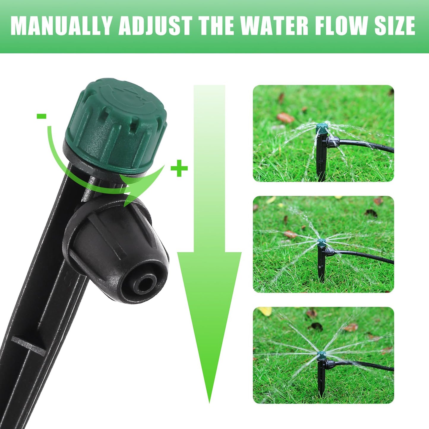 FOGWOWO Drip Irrigation Emitters for 1/4" Drip Tubing,Adjustable 360 Degree Automatic Irrigation Drippers on 5.5" Arrow Stake,with1/4 Locked Tee for Watering System(10Pcs Drippers and 10Pcs Tee)