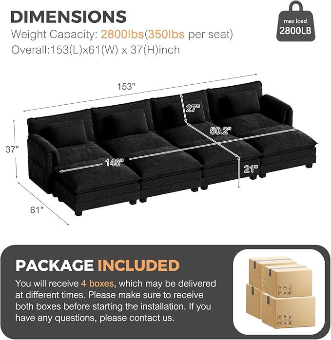 ELUCHANG Oversized 153" Modular Sectional Sofa, Comfy Deep Seat Cloud Couch