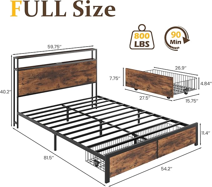 Lifezone Full Bed Frame with 2-Tier Storage Headboard, Metal Bed Frame with
