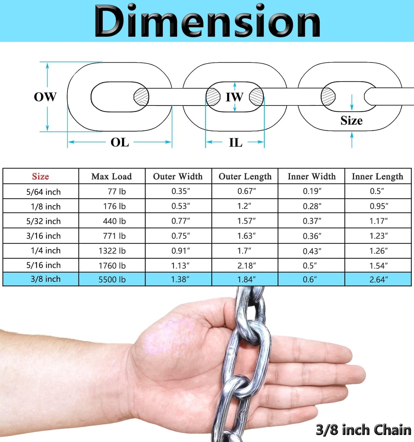 Stainless Steel Chain, Lsqurel 3/8inch Heavy Duty Chain Link Chain 6.5feet Safety Chain Utility Chain Metal Chain for Indoor and Outdoor