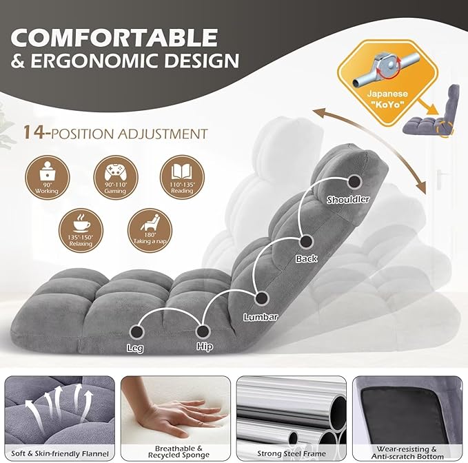 Folding Floor Gaming Chair 14-Poistion Cushioned Adjustable Floor Lazy Sofa