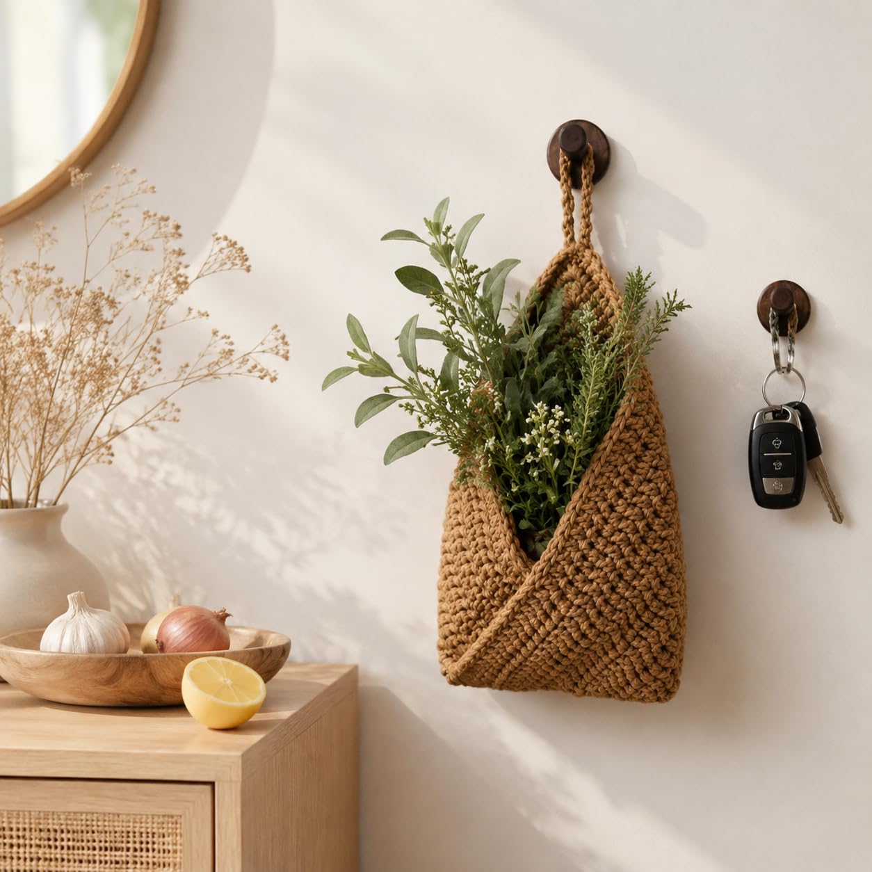 Boho Hanging Wall Baskets for Kitchen – 3 Pack Handwoven Jute Teardrop Storage Baskets with Adhesive Hooks for Fruit Onion Potato Vegetable, Farmhouse Wall Decor (Linen/Triangle/Jute, 3 Sizes)