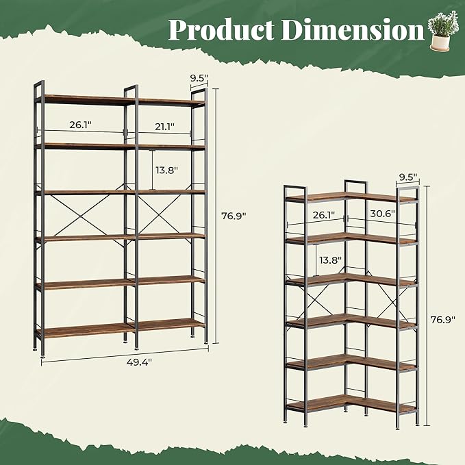 Huuger 6 Tier Bookshelf, L Shaped Corner Bookshelf