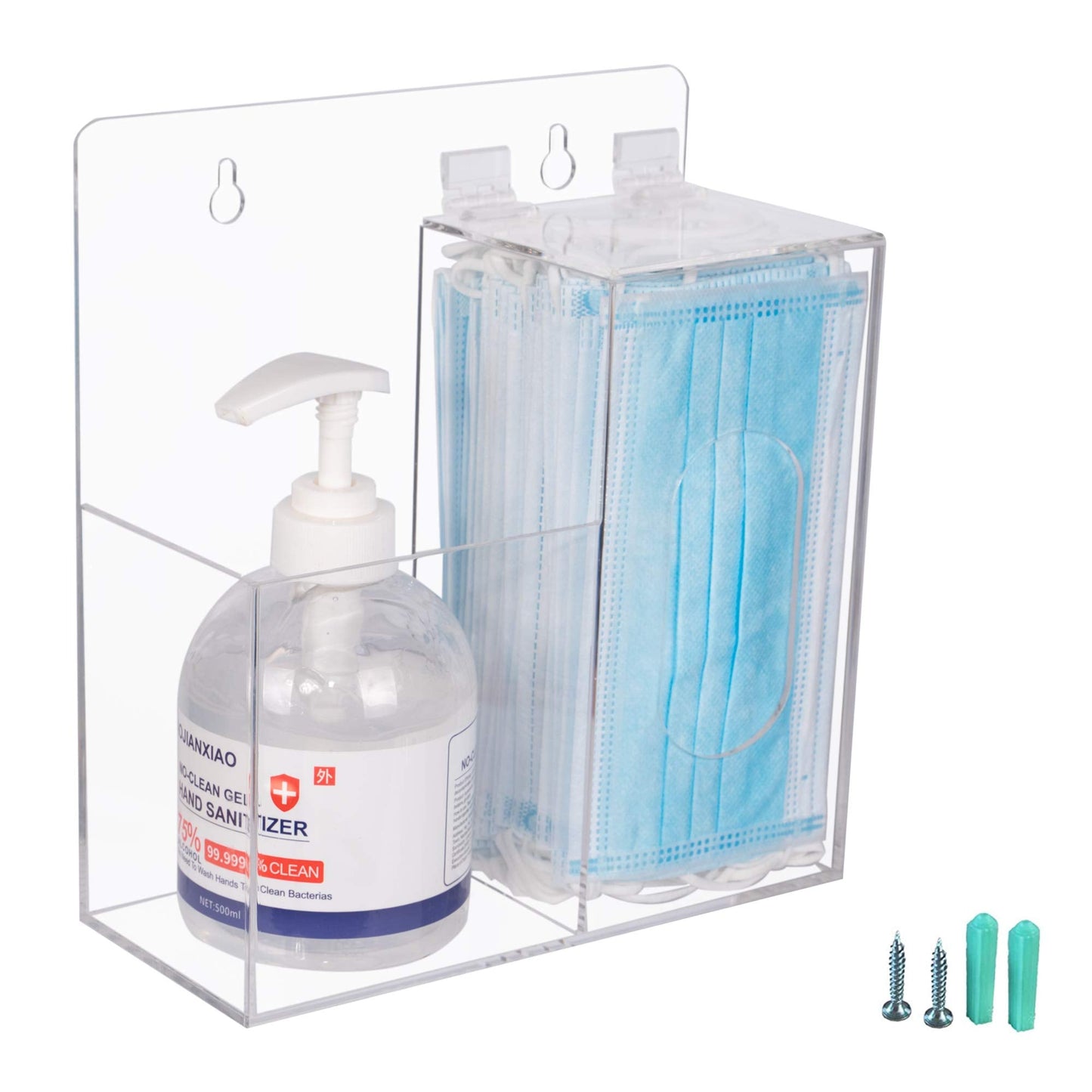 Aphbrada Acrylic Mask Dispenser & Hand Sanitizer Holder Stand Wall Mount or Countertop, Hygiene Station with 2 Compartment Clear Box Dispenser Holder for Face Masks, Gloves, Hairnets, Spray Bottle